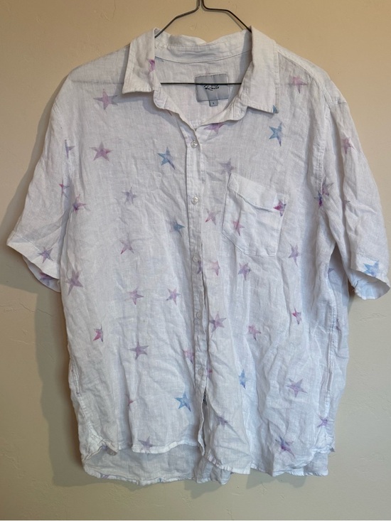 Rails Tops - Rails White Linen Blend Charli Button-Down Shirt with Pastel Star Print Size L